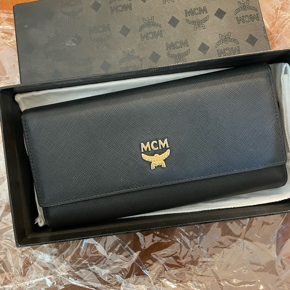MCM Black Textured Leather Wallet with Gold Emblem-With box, dust bag, & cert